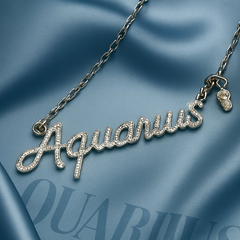 Aquarius Zodiac Silver Necklace – Astrology Pendant Horoscope Jewelry Gift - 16"
